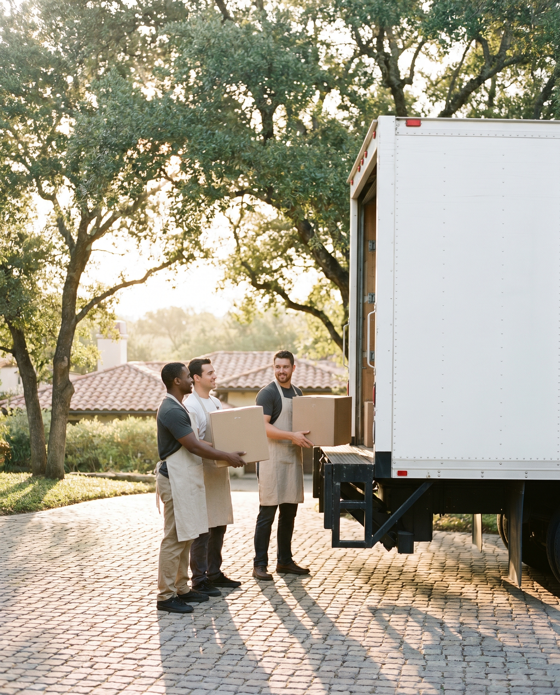 A crew of movers in linen aprons loading an unmarked moving truck on a leafy residential street in early morning light