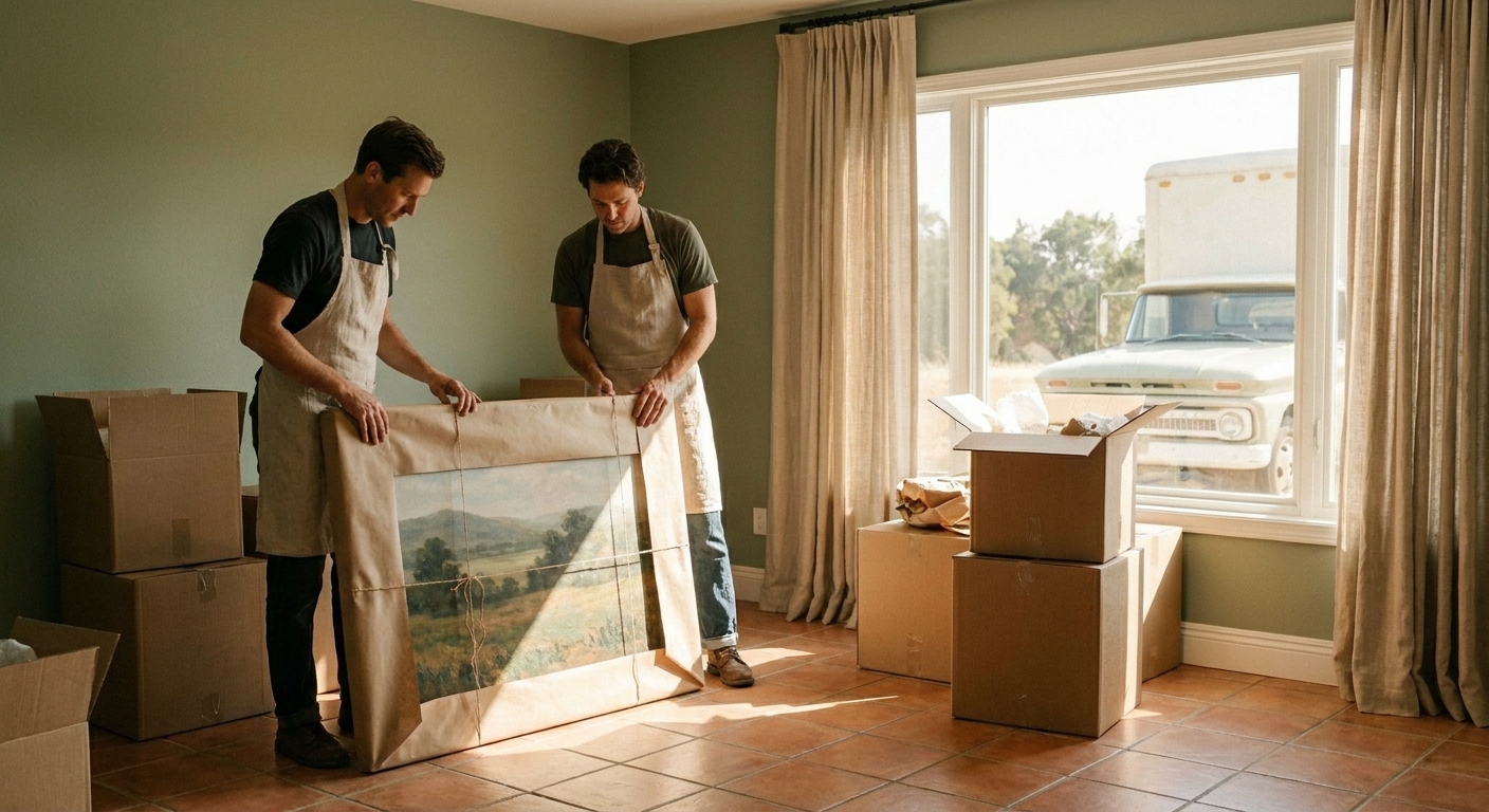 Two professional movers in linen aprons carefully wrapping a framed landscape painting with brown craft paper, in a sunlit sage-walled living room with terracotta tile floors and a moving truck visible through the window